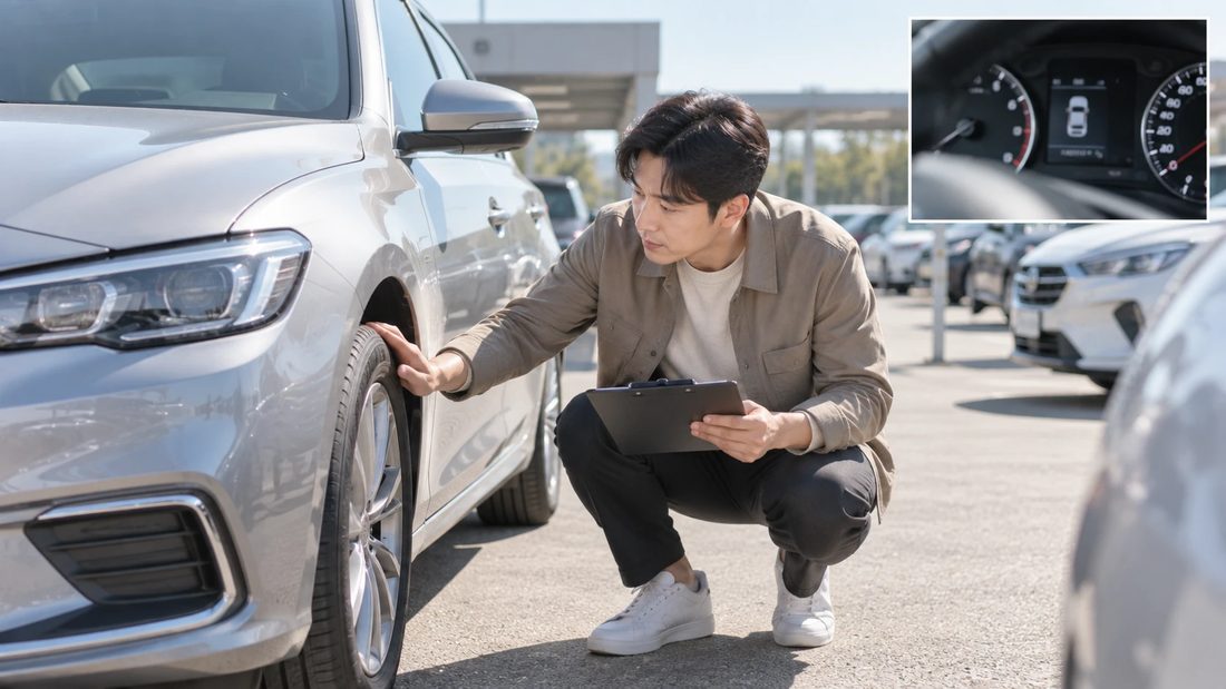 장기렌트 만기를 앞두고 차량 상태와 계약서를 함께 확인하는 모습